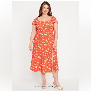 Old Navy Floral Crepe Midi Dress Cottagecore‎ Red Sz XL Milkmaid Flutter Sleeve